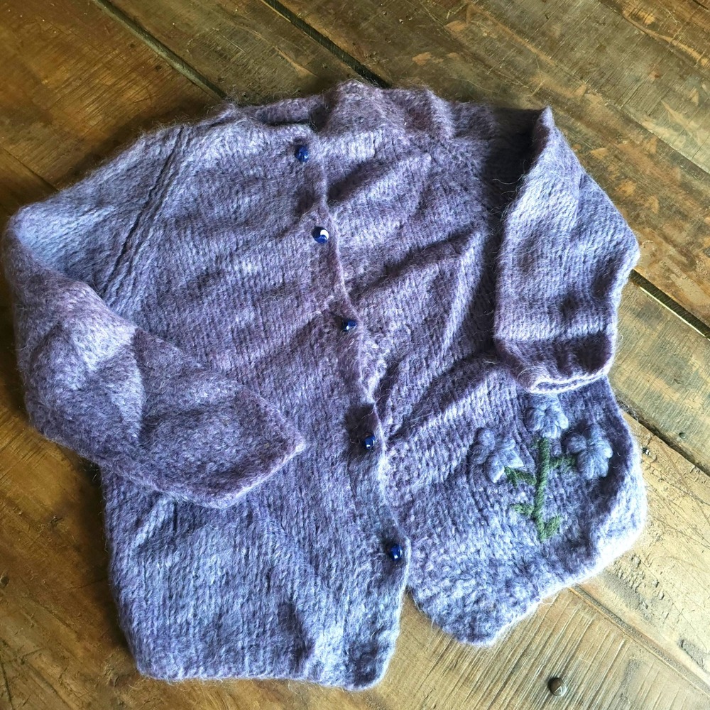 Vintage 1960s Mary Lewis Sears Mohair Cardigan Lavender Purple Floral Made Italy